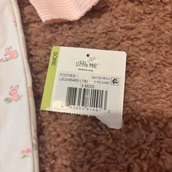 Little Me NWT Girl's 3Months Snap Footed Outfit w/ Hat Pink Bunny Bow Stripes - Picture 2 of 3
